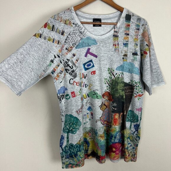 Inoah Top Womens Large Gray Knit Art to Wear Cat Lady Short Sleeve Graphic L - Picture 3 of 11